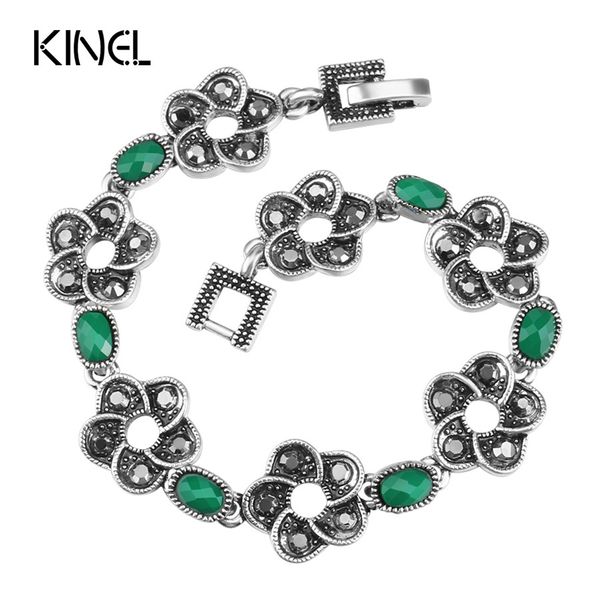 

kinel vintage bohemian bracelets for women antique silver color green resin crystal flower india jewelry, Black