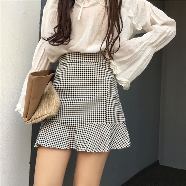 

2018 spring new lattice lotus leaf a short skirt high waist waist slim, slim bag hip hip tail skirt student, Black