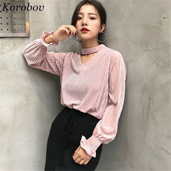 

2018 new fashion auttum mujer velour blouse v-neck women shirts korean vintage striped slim blusas feminina 75714, White