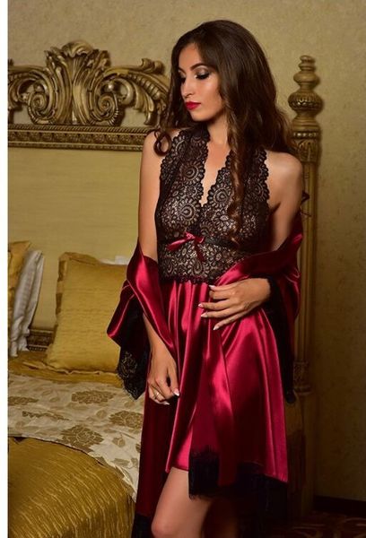 

women lingerie sleepwear dess robe 2pcs satin silk babydoll lace robes sleep dress nightwear nightgown women, Black;red