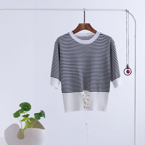

2018 summer clothes for women harajuku striped knitted t-shirts loose half sleeve female t-shirt, White