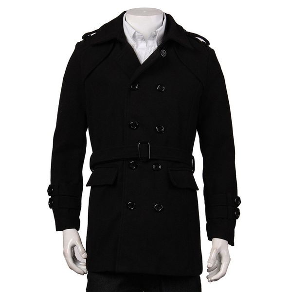 

winter men's jackets faux wool trench cardigan business clothes slim fit double breasted belted long coat windbreaker outwear, Tan;black