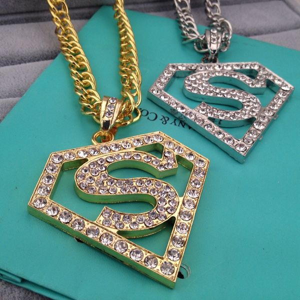 

hip hop superman mark with diamond pendant necklace with corn chain 24k gold plated, hign quality and ing, Silver