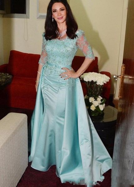 

mint green mermaid lace evening dresses detachable train beads scoop neckline half sleeve satin prom party gowns vestidos de fiesta 2019 e99, Black;red