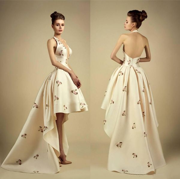 Alta Baixa Vestidos de Baile Halter Pescoço Sem Mangas Krikor Jabotian 2018 Bordados À Noite Vestidos de uma Linha Barato Backless Vestido de Festa Formal