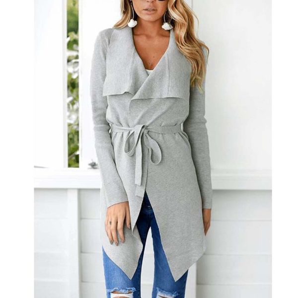 

autumn new women long sleeve open stitch outwear jacket coat irregular gray casual sashes femme 2018 new, Black;brown