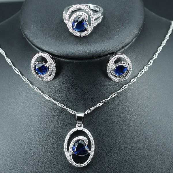 

noble blue heart-shaped bridal jewelry sets for women wedding silver color 925 earrings/pendants/necklace/ring ing, Slivery;golden