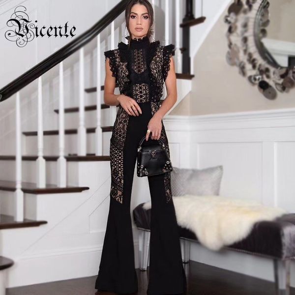 

chic black lace jumpsuit ruffles sleeveless boot cut wholesale celebrity party wear bandage jumpsuit, Black;white