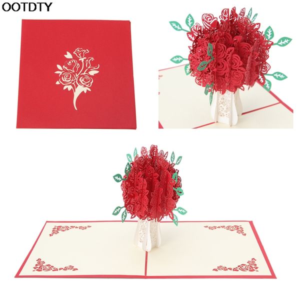 

wholesale- 3d rose greeting card up paper cut postcard birthday wedding valentines gift