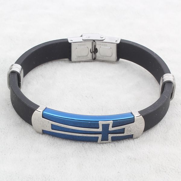 

silicone bracelets exquisite blue tone cross id slide charm stainless steel bracelets bangles cool man jewelry punk, Golden;silver