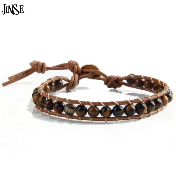 

jinse leather bracelet men women 1 layer natural stone bead bracelets & bangles leather beaded bracelet with real cord, Golden;silver