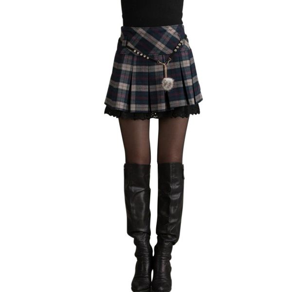 

wholesale- winter skirts women fashion autumn hollow out lace warm pleated mini short plaid wool skirt, Black