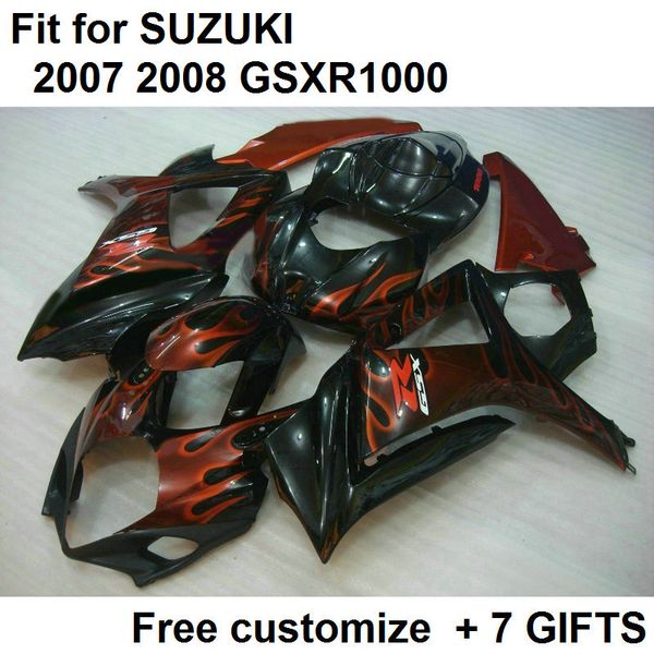 07 08 GSXR 1000 SUZUKI GSXR1000 için ücretsiz kargo fairing kiti 2007 GSX-R1000 2008 siyah alevler Corona kaporta marangozluğu K7 VB45 + Koltuk kukuletası