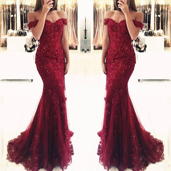 

Burgundy Lace Mermaid Evening Dresses 2018 Appliques Off-the-shoulder Vestido De Noiva Beaded Sequins Long Prom Dresses Arabic Dresses