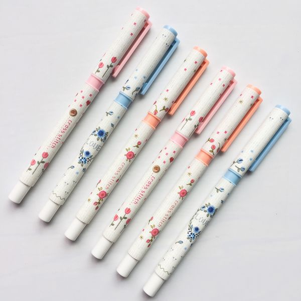 

k33 3x fresh cross stitch flower gel pen writing signing student stationery school office supply kids gift 0.35mm blue ink