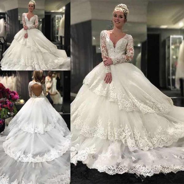 

gorgeous ball gown wedding dresses long sleeves v neck lace appliques beads tiered skirts bride gowns court train plus size wedding dress