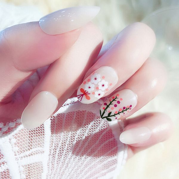 

24pcs new beautiful flowers french printing false nail tips art design fake nails, Red;gold