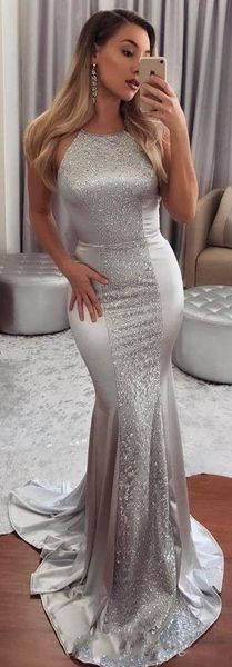 

Hot Sale Silver Mermaid Elatic Satin Prom Gowns Sexy Backless Formal Party Dress Evening Wear Bridesmaid Dresses