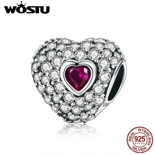 

wostu 100% 925 sterling silver sparkling cz heart shape charm beads fit original bracelet authentic jewelry cqc795
