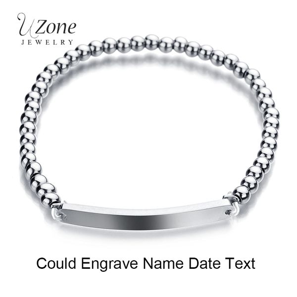 

uzone titanium steel customized bar bracelet women personalized engrave name text date round beads bangle&bracelet women jewelry, Black