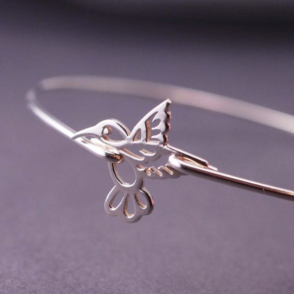 

stackable hummingbird bangle bracelet hand stamped jewelry spring jewelry ypq0545, Black