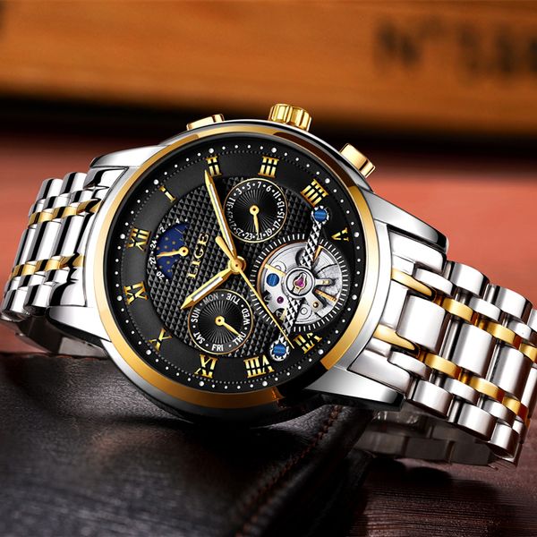 

lige mens watches automatic mechanical watch men full steel business waterproof sport watches relogio masculino, Slivery;brown