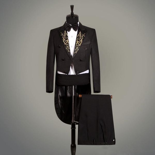 

cool peak embroidery lapel groomsmen double-breasted groom tailcoat men suits wedding/prom/dinner man blazer(jacket+pants+tie+girdle), Black;gray