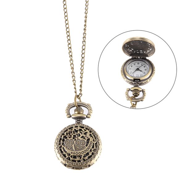 

vintage pocket watch bronze color quartz watch cool chain hollow owl cover watches lxh, Slivery;golden