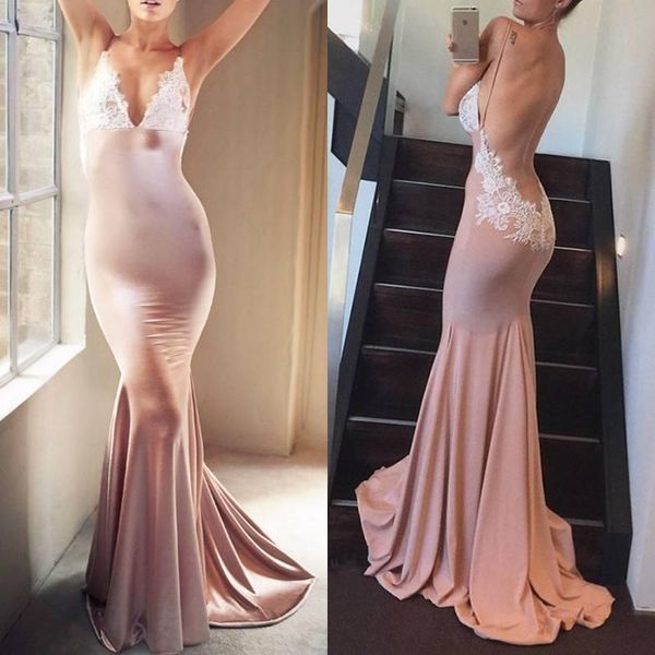 

2019 deep v neck mermaid prom dresses spaghetti straps simple lace applique backless floor length backless formal party gowns, Black