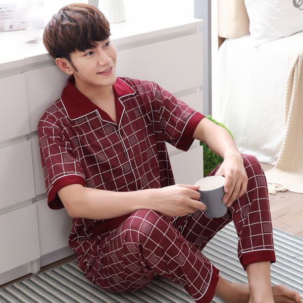 

summer men pajama set red sleepwear men suit Short sleeve pyjama men's pajamas sets cotton Plaid sleepwears men's coton 3XL