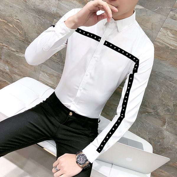

Мода заклепки дизайн мужчины рубашка Весна Новый 2018 твердые Slim Fit смокинг рубашки