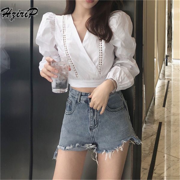 

hzirip women short blouses 2018 summer fashion casual v-neck solid shirt hollow out women shirts blusas mujer, White