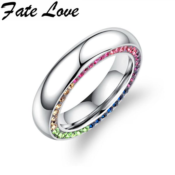 

whole salefate love polished finger rings stainless steel with multicolor/white clear cz jewelry women anniversary rings engraved fl595, Golden;silver