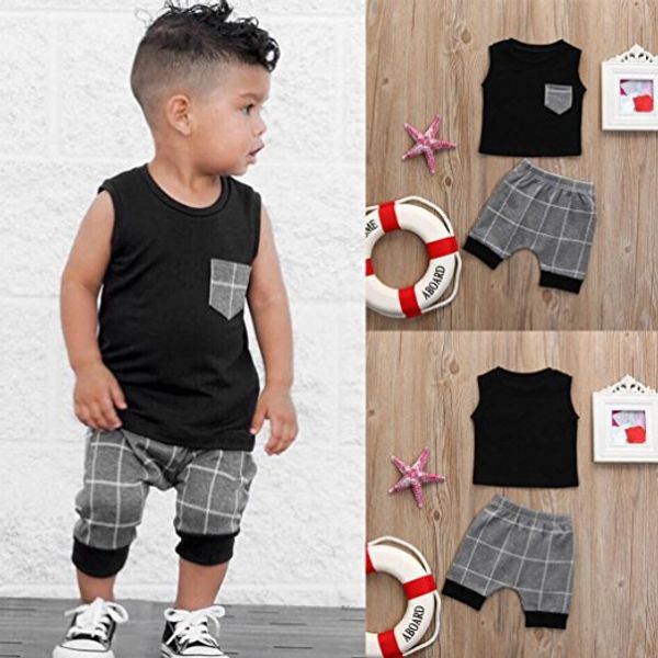 2018 New Baby Boys Sets Summer INS Bambini Grigi Lattices T-shirt senza maniche in cotone + pantaloncini 2 pezzi Suit Kids Fashion Abbigliamento casual Set 0-5T