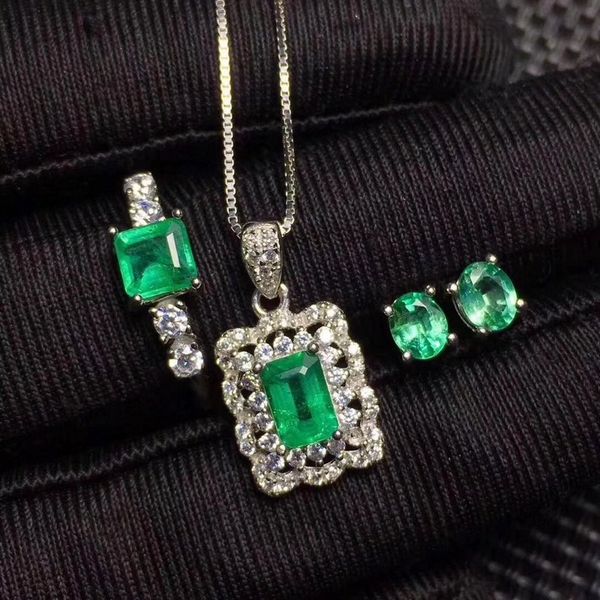 

fidelity natural 4*6mm emerald s925 sterling silver rectangle exquisite fine jewelry sets for women natural green gemstone, Black