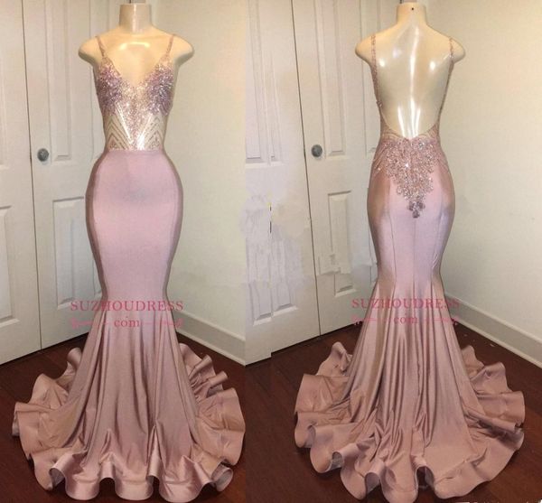 

Dusty Pink Stunning Long Sequin Crystals Prom Dresses 2018 New Spaghetti Straps Mermaid Backless Evening Gowns Formal Party Wear BA8240