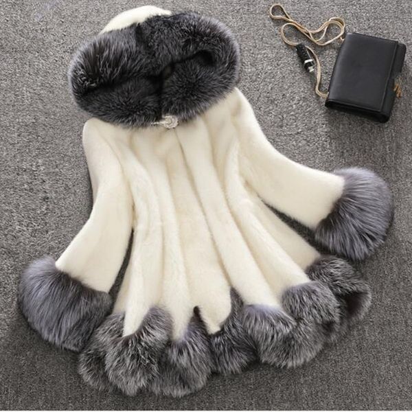 

large size 4xl thick warm faux fur coat black artificial white fur coat have a hat manteau fourrure femme black and white