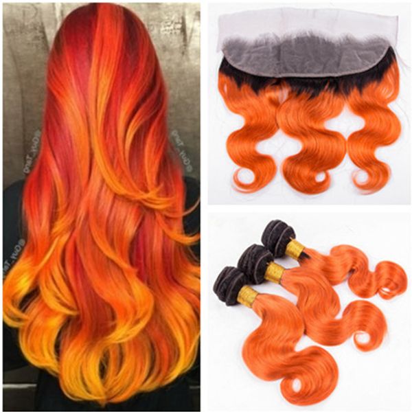 Black And Orange Ombre Virgin Hair Wefts With 13x4 Lace Frontal