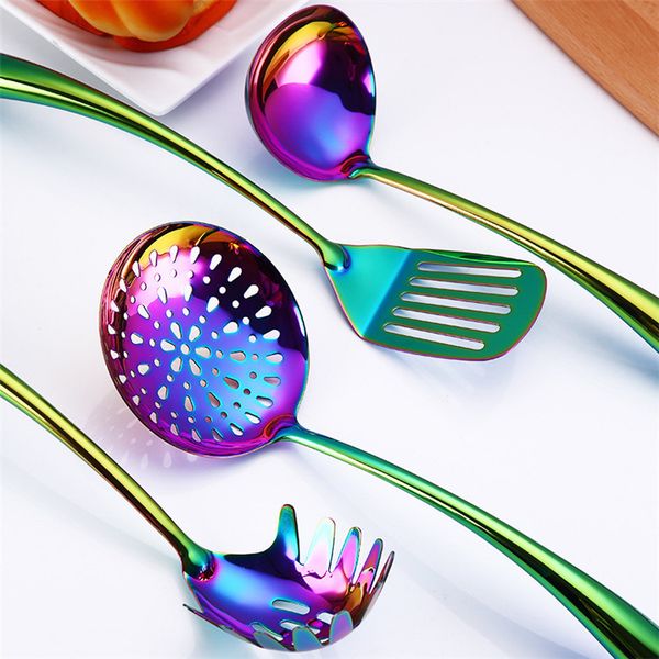 

colorful coffee spoon 304 stainless steel long handle 5 style korean mixing spoons set dessert long ice kitchen scoop t1i364