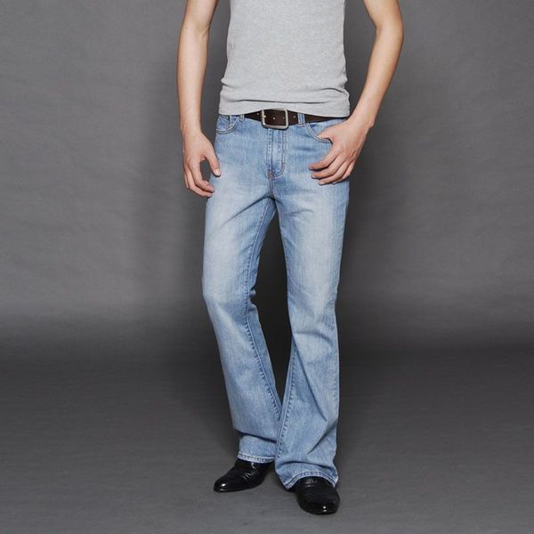 

new arrival 2017 men light blue flared jeans men's bell bottom denim pants male plus size jean pants mid waist 053006