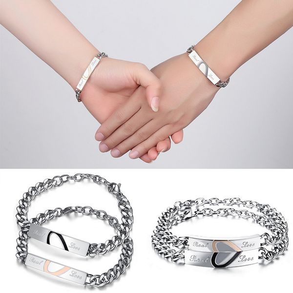 

1pc fashion two colors couple bracelet stainless steel jigsaw puzzle lovers bracelet heart bracelets bangles for man woman, Black