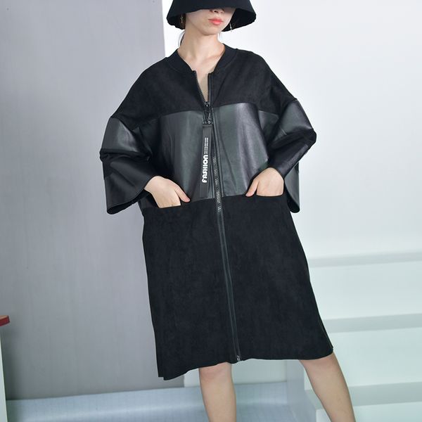 

Cotton Female Stand Collar Solid Color Black PU Leather Split Joint Loose Big Size Jacket Women Denim Fashion Tide Outerwear