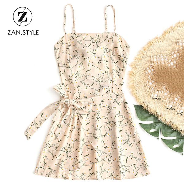 

zan.style boho floral prints bowknot tied cut out mini dress women halter backless belted beach sundress chiffon summer dresses, White;black