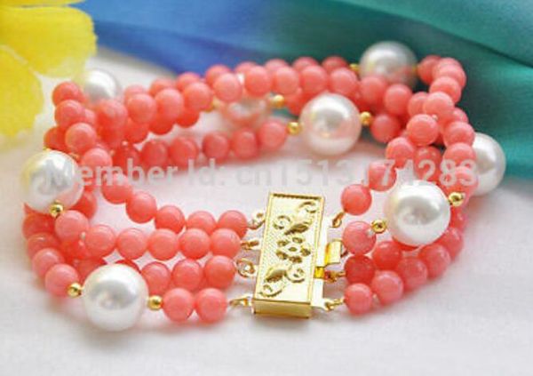 

gt;>>4row 8" 6mm pink coral bead 12mm round white shell pearl bracelet, Golden;silver