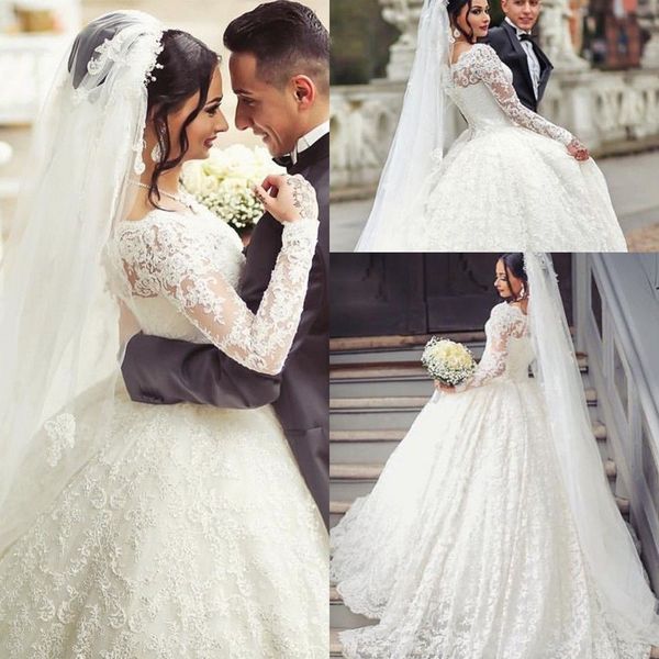

2018 бальное платье кружева vestido де novia свадебное платье арабский стиль аппликации с плеча sheer длинные рукава свадебные платья, White