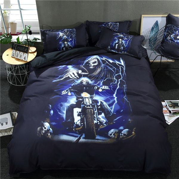 

2018 3d gothic skull rider print duvet cover set 100% polyester microfiber bedding set twin  king 3pc pillowcases bed cover