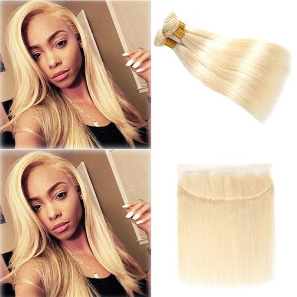 

passion virgin hair blonde color hair wefts 3 bundle with 13x4 ear to ear lace frontal closure brazilian 613 blonde human hair weave, Black;brown
