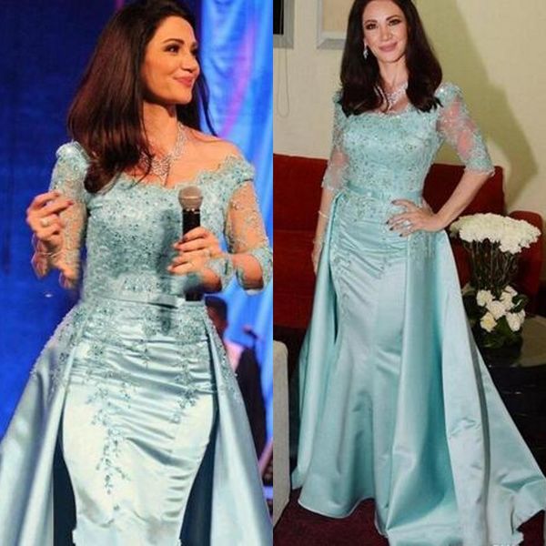 

light blue mother of the groom dresses scoop neck illusion sleeves beaded sequins lace appliqued mermaid formal gown detachable train, Black;red