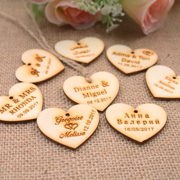 

100 personalized custom engraved wedding name and date love heart wooden wedding centerpiecesgift tags+jute string candy tag