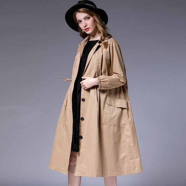 

plus size womens loose fashion trench coat temperament elegant coat oversize long sleeve collect waist solid autumn coats new, Tan;black